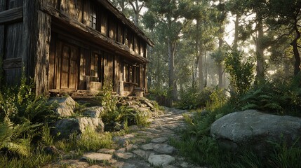 Rustic Cabin in Lush Forest Setting with Sunlight Streaming Through the Trees