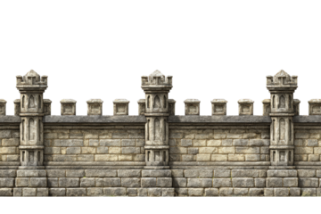Ancient stone castle wall with towers and battlements isolated.