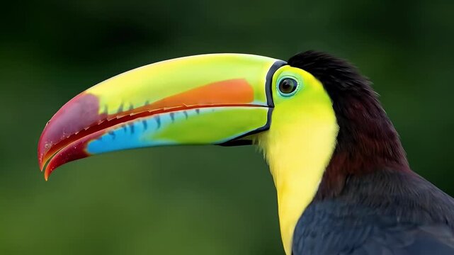 Vibrant toucan bird with rainbow beak perched on branch