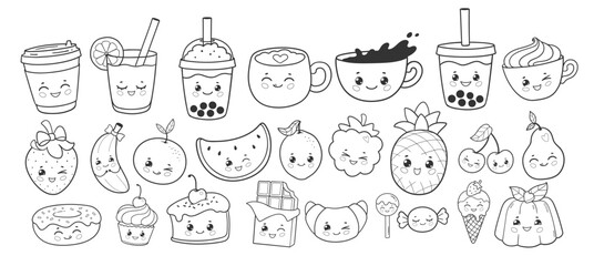 Vector illustration of cute food and drinks with smiling faces, including fruits, desserts, and beverages. Line art, isolated icons.