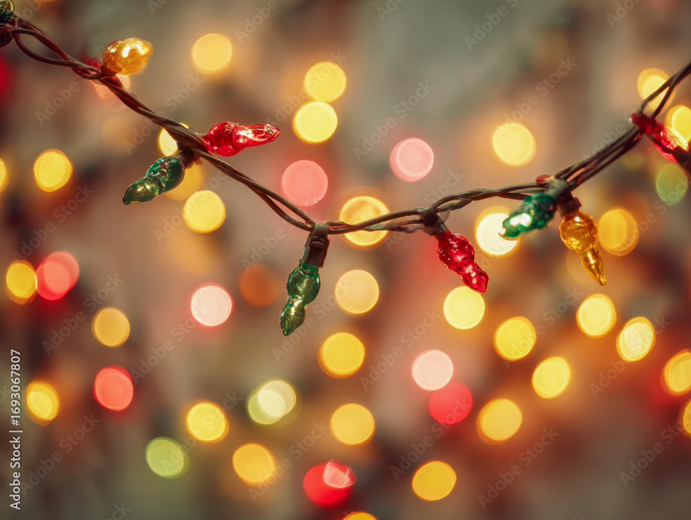Poster close up of colorful decorative string lights with blurred festive background bokeh creating a warm 