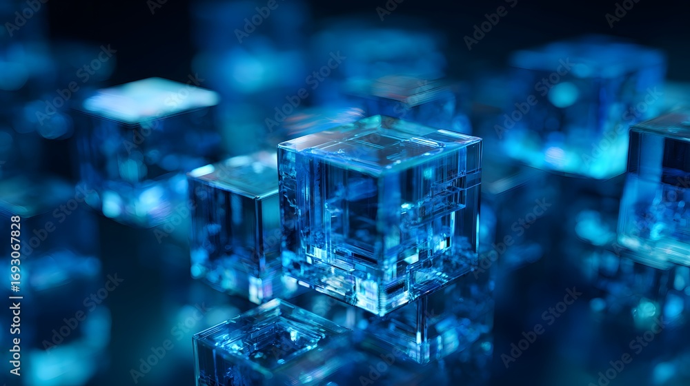 Poster abstract 3d rendering of transparent geometric shapes with blue lighting.