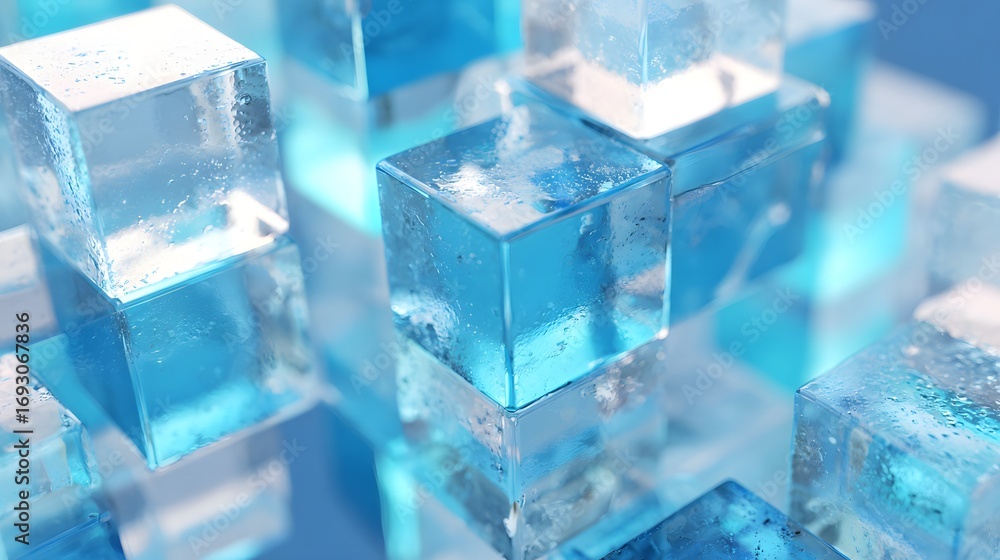 Poster abstract 3d rendering of transparent geometric shapes with blue lighting.
