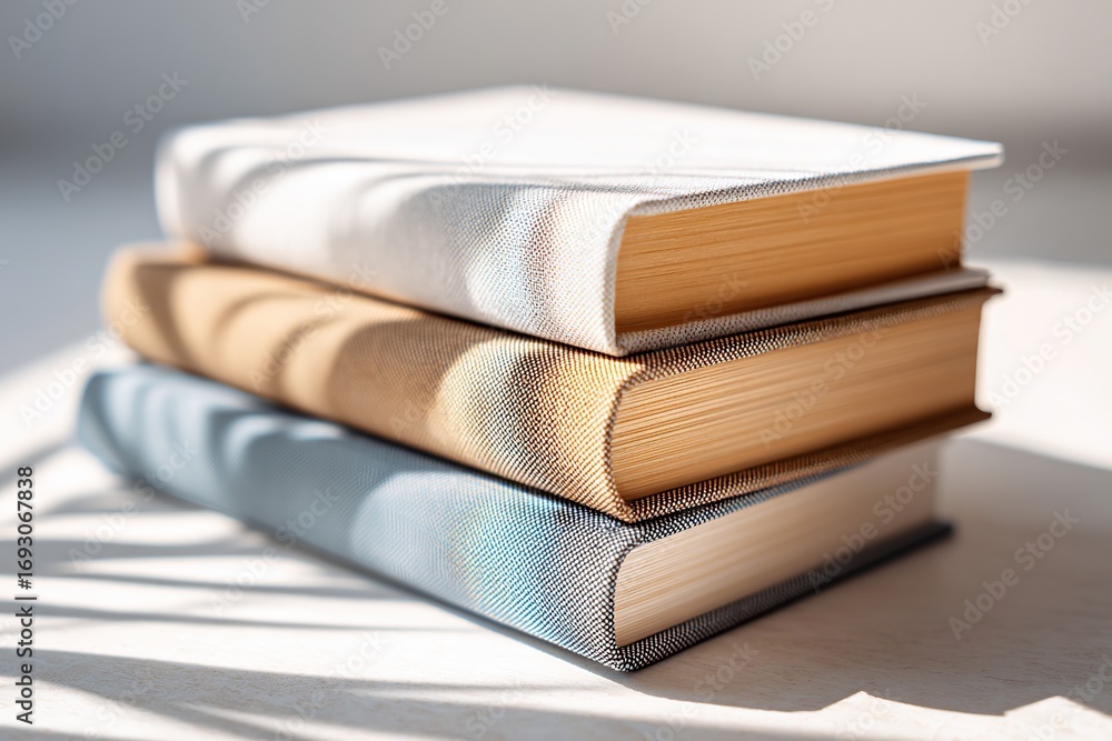 Aufkleber clean stack of three books in soft colors on a wooden surface with sunlight