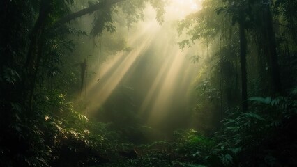Fototapeta premium Sacred Sunbeams Illuminating a Misty, Verdant Jungle Wilderness.