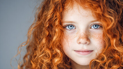 Naklejka premium Close-up portrait of a young girl with striking blue eyes, vibrant curly red hair, and delicate freckles against a soft, neutral background
