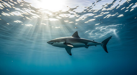 Fototapeta premium Majestic great white shark glides through sun-drenched ocean with visible sun rays