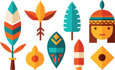 Vibrant indigenous peoples day icons collection featuring feathers and cultural motifs