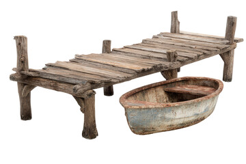 Old rustic wooden pier and a small weathered rowboat.