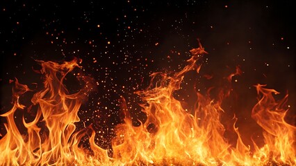 Fototapeta premium A dynamic representation of fire flames rising with sparks against a dark background perfect for illustrations.