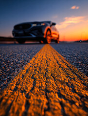 Stunning low-angle shot of a sleek car on an empty road during sunset, emphasizing the vibrant yellow road markings and dramatic sky.