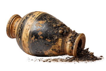 Ancient weathered clay pot covered in dirt spilling soil.