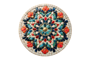Intricate circular mosaic artwork with a symmetrical floral design.