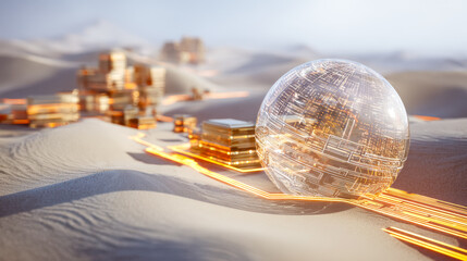 Futuristic digital cityscape with glowing holographic sphere in a desert landscape