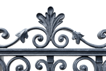 Elegant Black Wrought Iron Fence with Ornate Scrollwork Detail.
