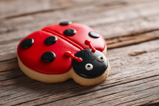 Cheerful red and black ladybug shaped cookie decorated with colorful icing sitting on rustic wooden surface for a playful snack or dessert idea - Powered by Adobe