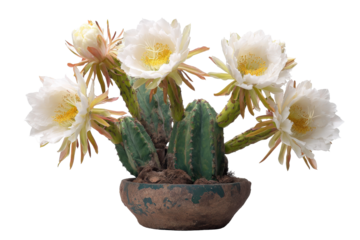 Beautiful blooming Echinopsis cactus with large white flowers in a pot.