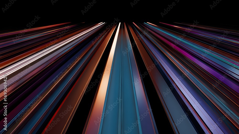 Poster abstract image of colorful lines converging towards a vanishing point on a black background.