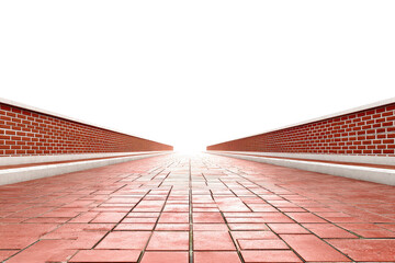 Perspective view of a long terracotta tiled walkway and brick walls.