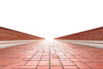 Perspective view of a long terracotta tiled walkway and brick walls.