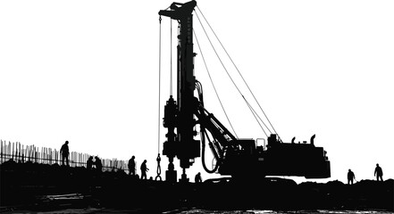 Heavy construction machinery, piling rig, workers at building site, infrastructure development, industrial equipment, engineering, silhouette, foundation drilling, labor force