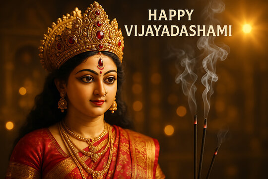 Happy vijayadashami text with goddess Durga idol, holding incense sticks during the festival, celebrating the victory of good over evil with devotion and faith