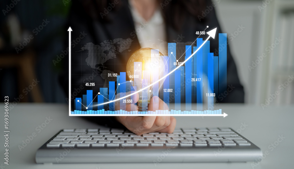 Poster a business professional reviews growth trends using graphs and charts, highlighting the importance o