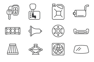 Auto parts icon collection. Thin line icons including car key, gearbox, fuel tank, muffler, bumper, jack and air filter. Minimal automotive vector pack.