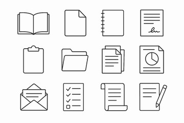 Paper line icon pack. Contains such symbols as notebook, letter, report, file, checklist and spiral pad. Minimalist thin stroke. Contemporary vector set.