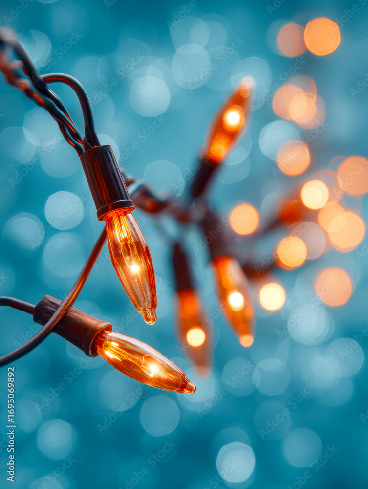 Poster close-up of glowing string lights with warm amber bulbs against a soft blue bokeh background creatin