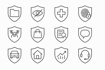 Outline shield pack showing communication, repair, health and global network. Thin line vector icons for safety, privacy and defense design.