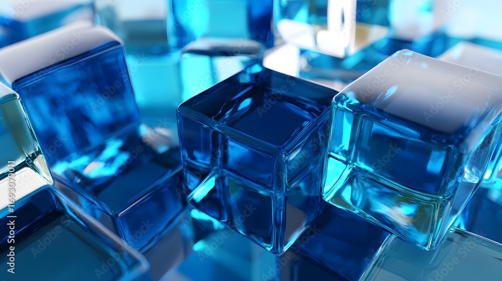 Poster abstract 3d rendering of transparent geometric shapes with blue lighting.