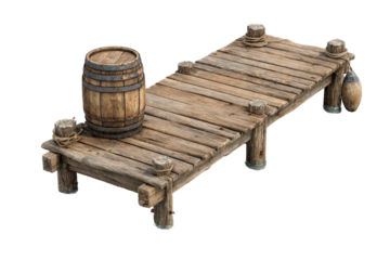 Old rustic wooden pier with a barrel isolated on white background.