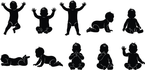 Baby Silhouettes in Sitting, Crawling, Standing, and Lying Poses – Black Vector Icons for Infant Development, Parenting, and Educational Use