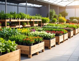 Colorful plants in wooden planters in a greenhouse