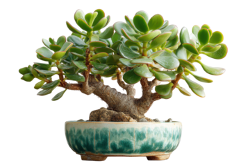 Lush green jade plant bonsai tree in a decorative pot.