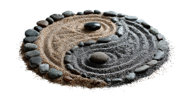 Yin Yang symbol design with stones placed in sand isolated on transparent background 
