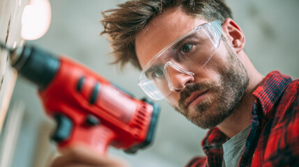 Focused young man wearing protective goggles using a red cordless drill to fix a wooden surface in a workshop or home improvement setting