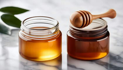 Skincare Jars With Honey And Wooden Spoon On Marble