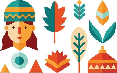 Indigenous peoples day collection vector icons featuring feathers and natural elements