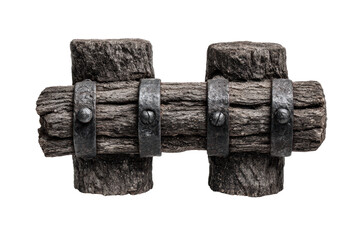 Ancient weathered wooden beam structure with metal bands isolated.