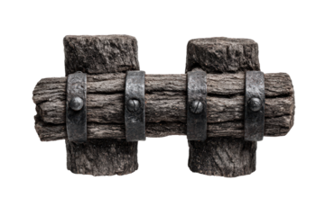 Ancient weathered wooden beam structure with metal bands isolated.