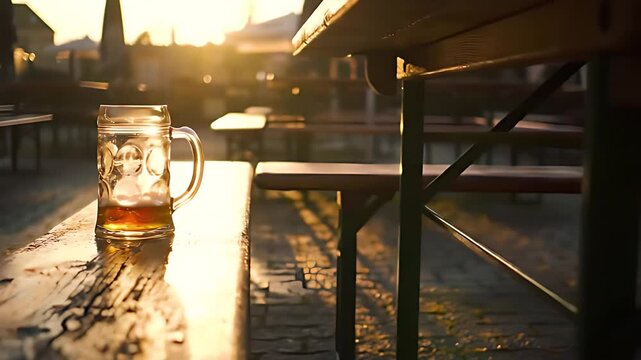 A single, half-empty beer stein rests on a bench in an abandoned beer garden at sunrise, capturing the quiet aftermath of a nights revelry.