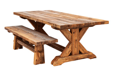 Rustic wooden trestle dining table with matching bench isolated.