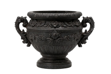 Ornate black cast iron garden urn isolated on white.