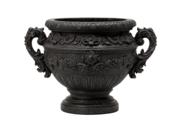 Ornate black cast iron garden urn isolated on white.