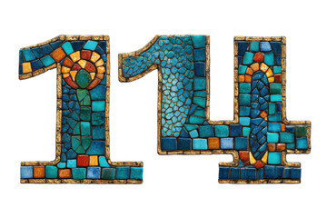 Colorful Mosaic Number 114 Made from Glass Tiles.