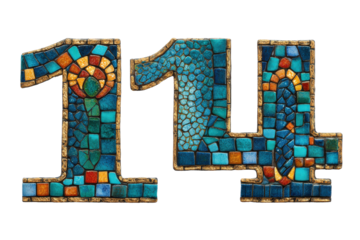 Colorful Mosaic Number 114 Made from Glass Tiles.