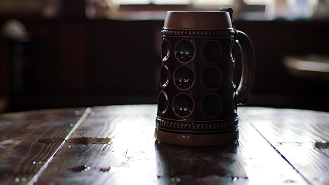 A hand firmly places a heavy, full beer stein onto a rustic wooden table, leaving condensation rings and a solid, definitive thud.