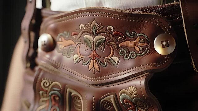 Close-up detail of intricate embroidery and polished horn buttons on a traditional pair of authentic leather lederhosen, highlighting craftsmanship.